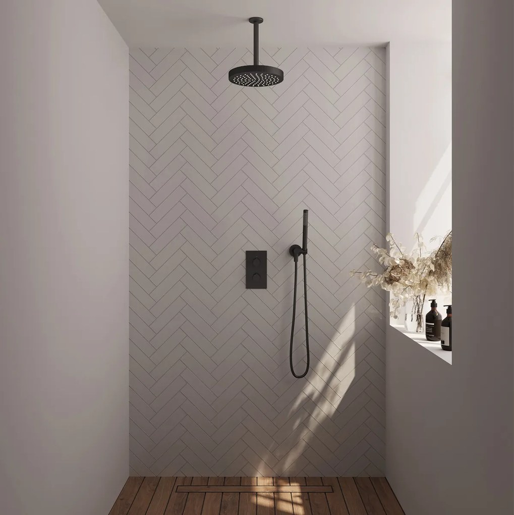 Brauer Stripe inbouw regendouche met 25cm hoofddouche, plafondarm en staafhanddouche set 15 zwart mat