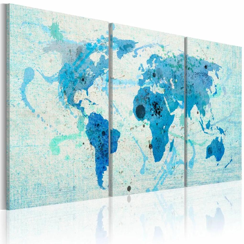 Schilderij - Wereldkaart - Continenten zoals Oceanen, Blauw,  3luik