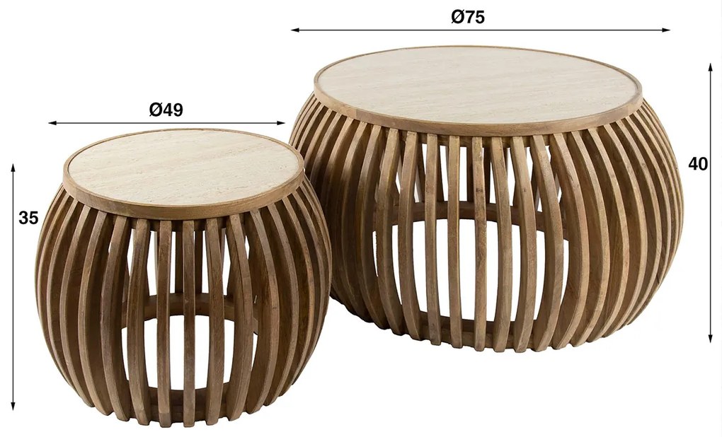 Ronde Salontafelset Travertin En Hout - 75 X 75cm.