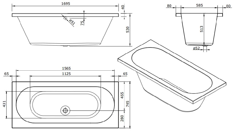 Lambini Designs Round bubbelbad 170x75cm elektronisch 6+4+2 hydrojets en 12 aerojets met bedieningspaneel chroom