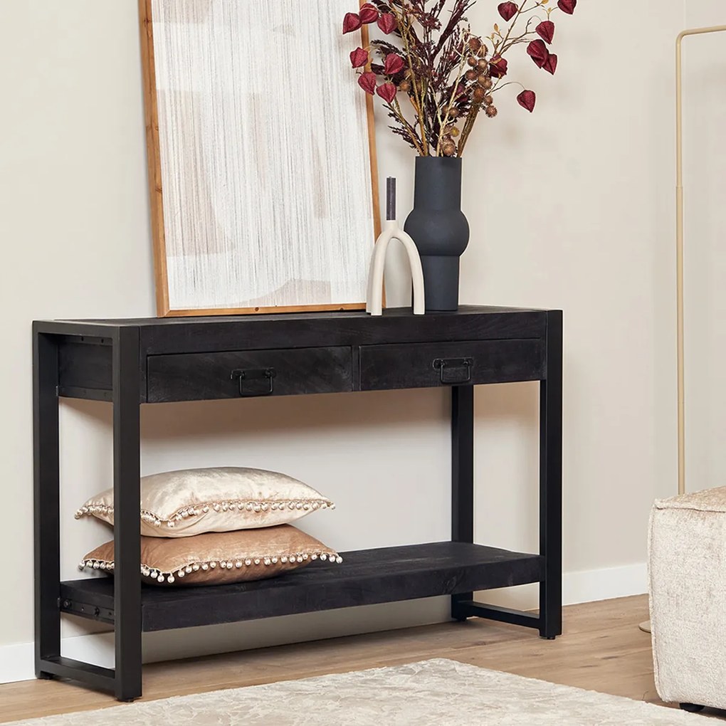 Starfurn Boaz Black Stoere Zwarte Sidetable Mangohout 120 Cm - 120 X 35cm.