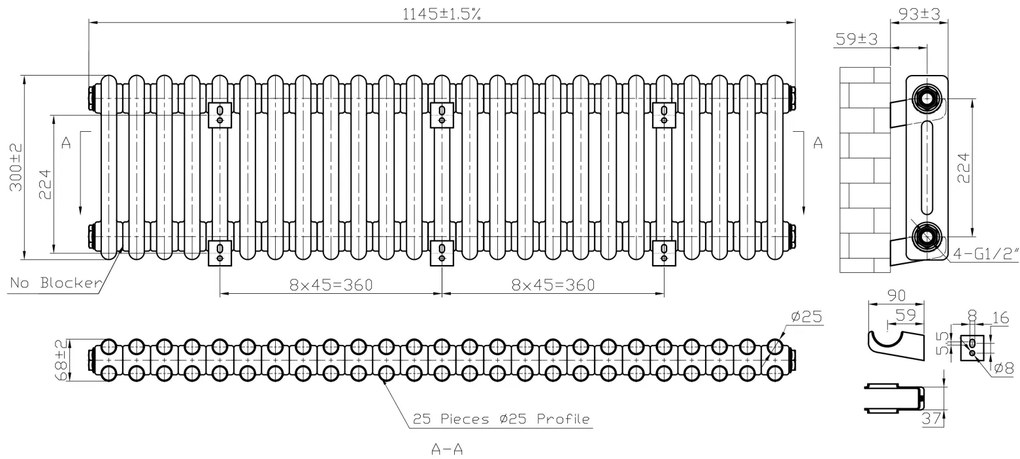 Eastbrook Imperia 2 koloms radiator 115x30cm 875W antraciet