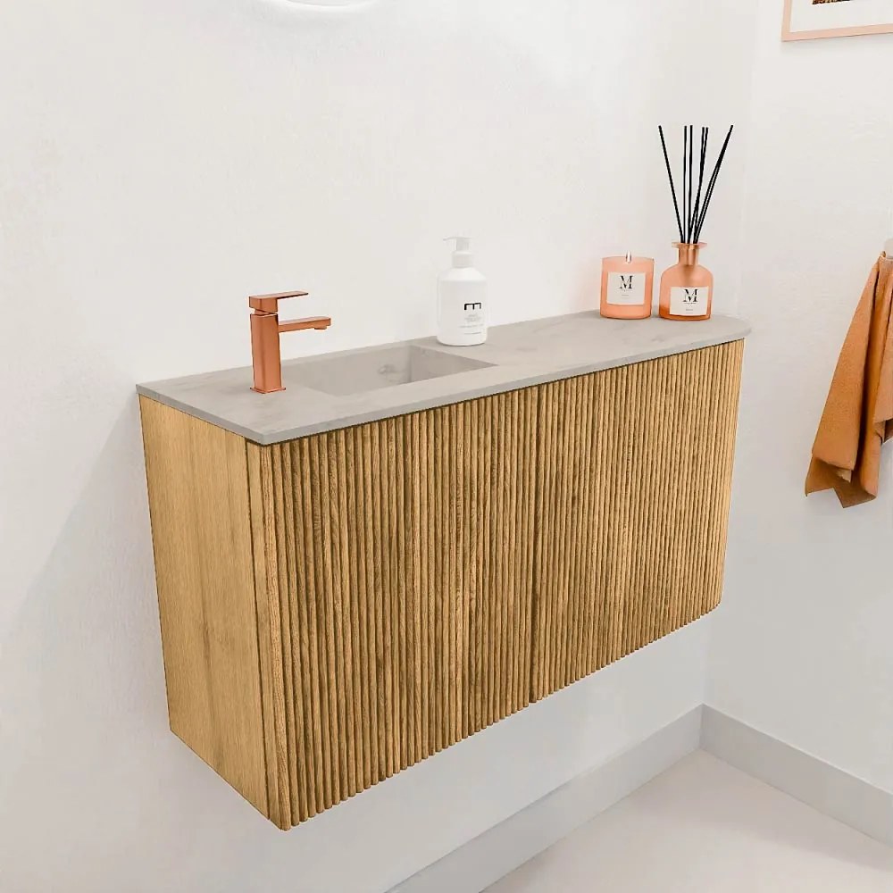 Mondiaz Joya DLux 80cm toiletmeubel ronding rechts oak met wastafel faye links 1 kraangat opalo