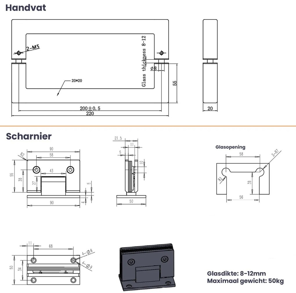 Saniclear Modern scharnieren + handvat voor douchedeur verouderd messing
