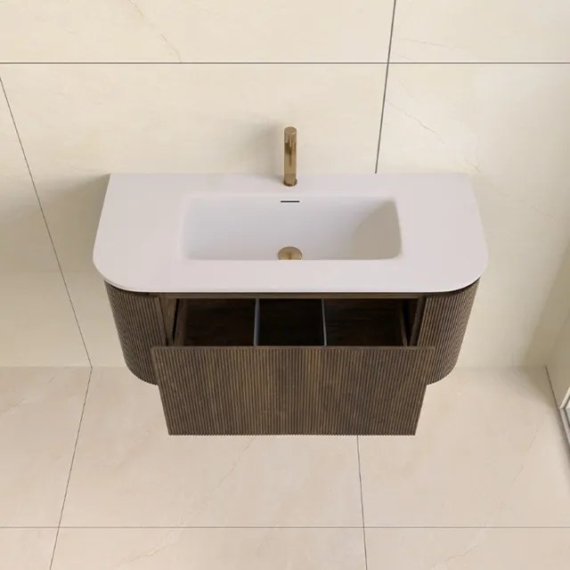 Lambini Designs Eleganza rond badmeubel 100cm dark walnut met ribbelfront en wastafel met kraangat