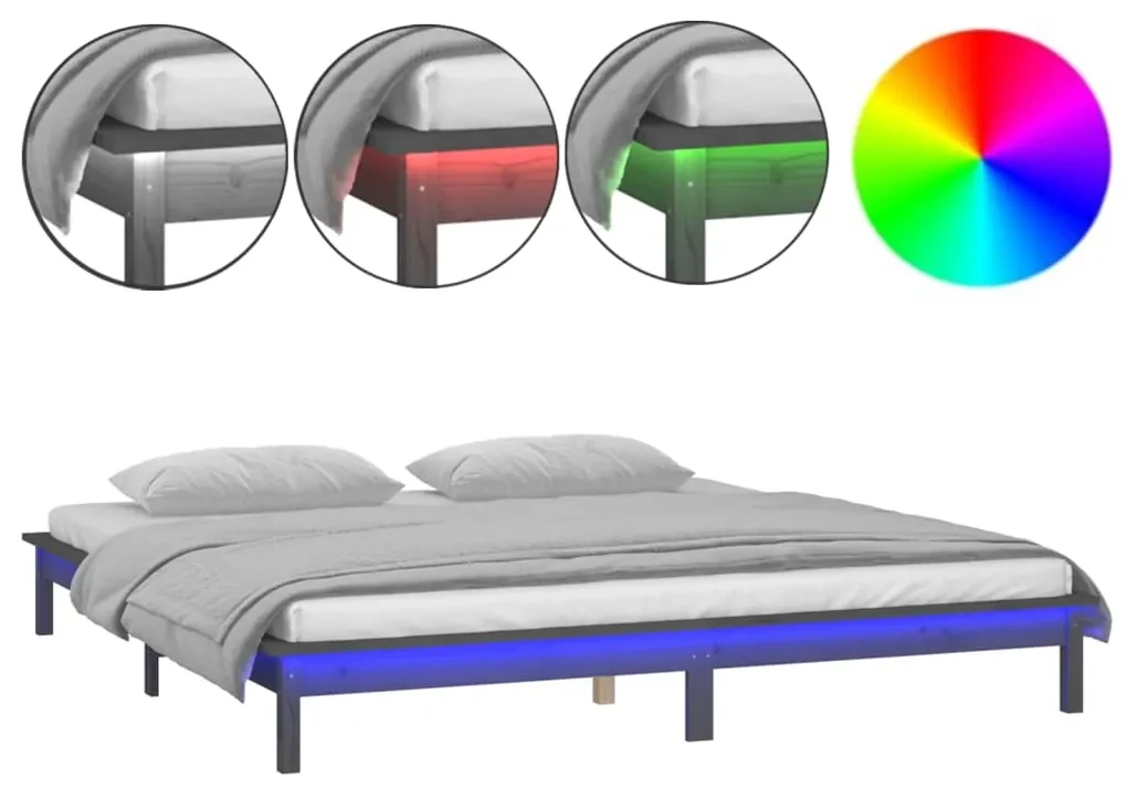 vidaXL Bedframe LED massief hout grijs 160x200 cm