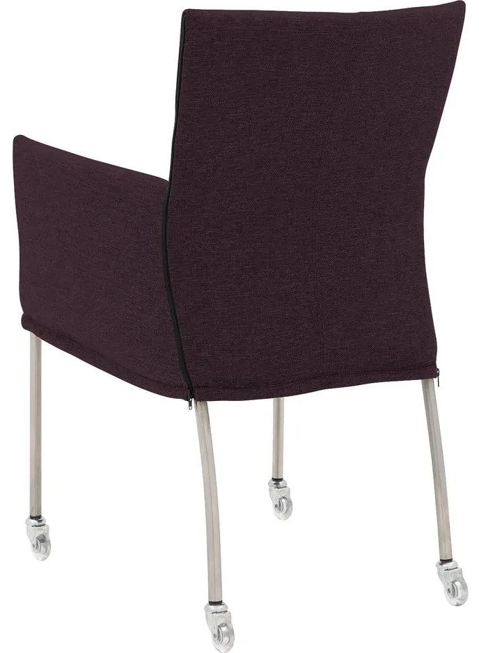 Goossens Eetkamerstoel Funk RVS Poten roze stof met armleuning en Transparant skater wiel met rvs kapmet wielen, modern design