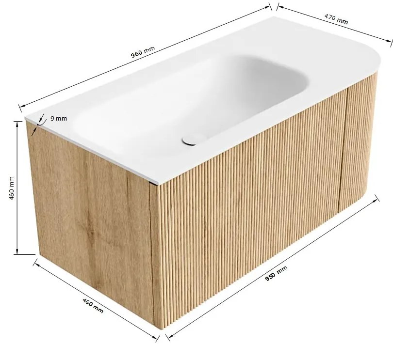Mondiaz Kurve 95cm badmeubel ronding rechts oak met 1 lade en deur en wastafel big small links zonder kraangat urban
