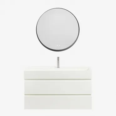 Ona Zwevend Badkamermeubelset Van Hout En Essenfineer Met Geïntegreerde Wastafel Wit & Round Led And Antifog Zwart Ø80 Cm - Sklum