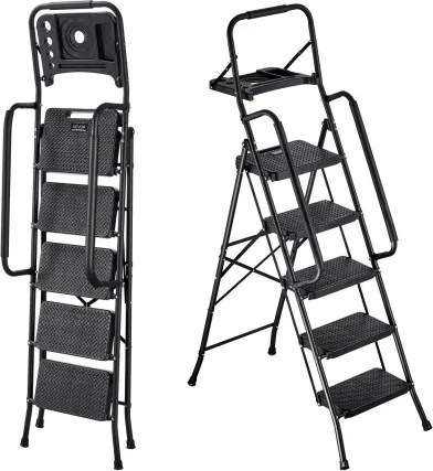 VEVOR 5-treden opvouwbare ladder met gereedschapsplank, leuningen aan beide zijden, veiligheidsladder, draagvermogen 272 kg, trapladder, opvouwbare kruk, huishoudladder voor keuken, huis en kantoor, zwart