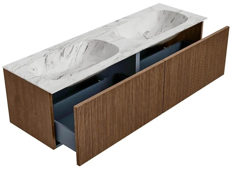 Mondiaz Kurve-dlux 150cm badmeubel walnut met 2 lades en wastafel stor small dubbel 2 kraangaten glace