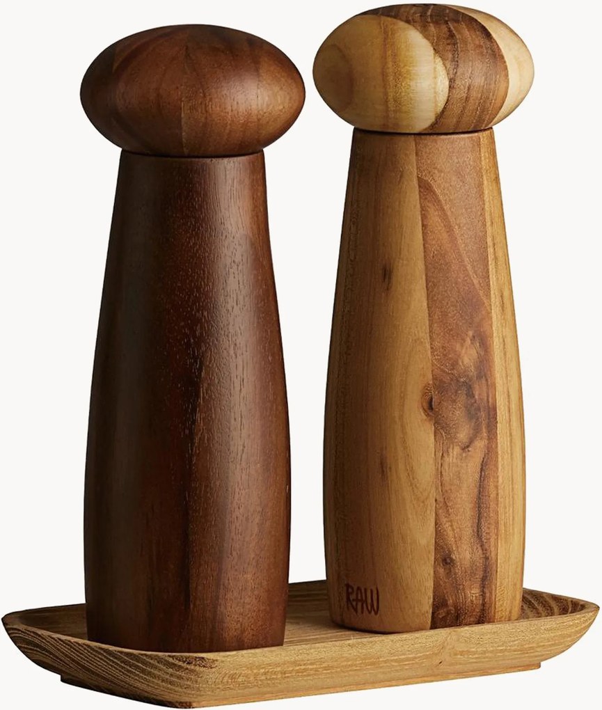 Kruidenmolen set RAW van keramiek en teakhout met dienblad, 3-delig