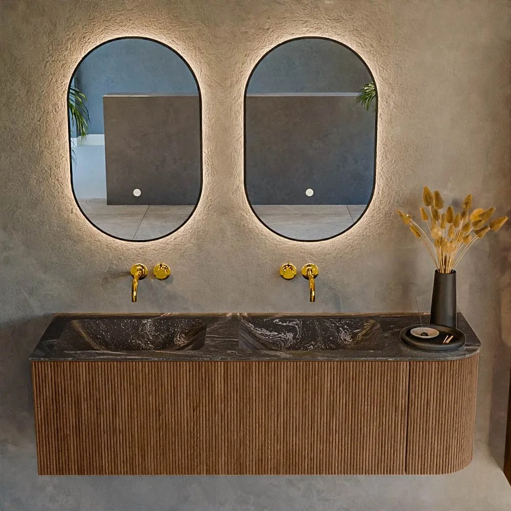 Mondiaz Kurve-dlux 145cm badmeubel ronding rechts walnut met 1 lade en deur en wastafel leaf dubbel/links zonder kraangat lava