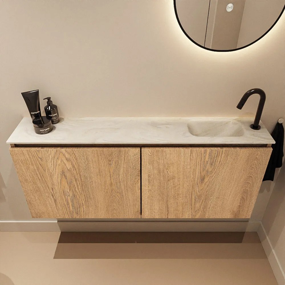 Mondiaz Ture DLux toiletmeubel 120cm washed oak met wastafel ostra rechts met kraangat