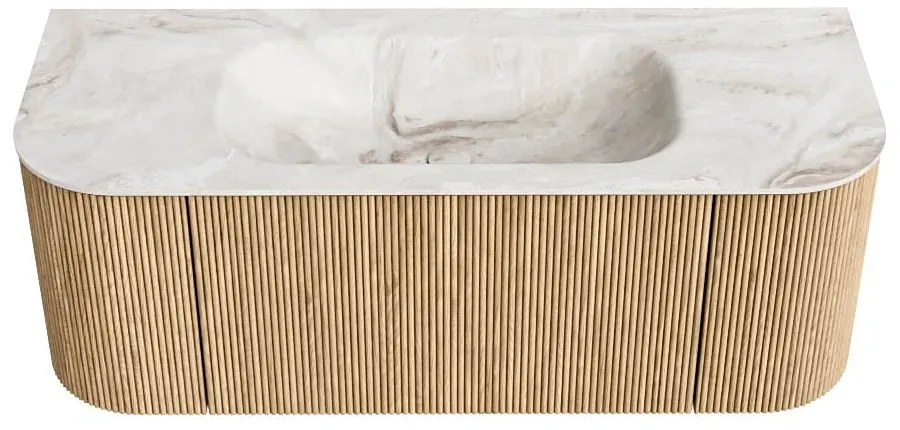 Mondiaz Kurve-dlux 120cm badmeubel ronding links/rechts oak met 1 lade en 2 deuren en wastafel big small midden 1 kraangat frappe