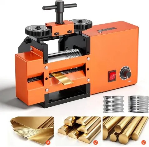 VEVOR elektrische sieradenwals 60 mm 3-in-1 wals voor platte, vierkante en ronde staven, gereedschap voor doe-het-zelf sieradenmakers, instelbare dikte 0,03–7 mm, voor het persen van kneedbare metalen zoals goud, zilver en koper.