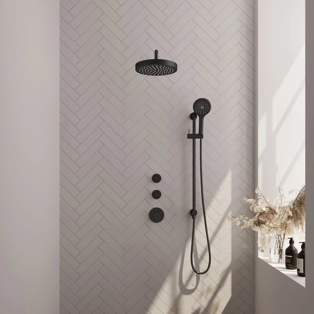 Brauer Stripe inbouw regendouche met 25cm hoofddouche, gebogen muurarm en 3 standen handdouche en glijstang set 11 zwart mat