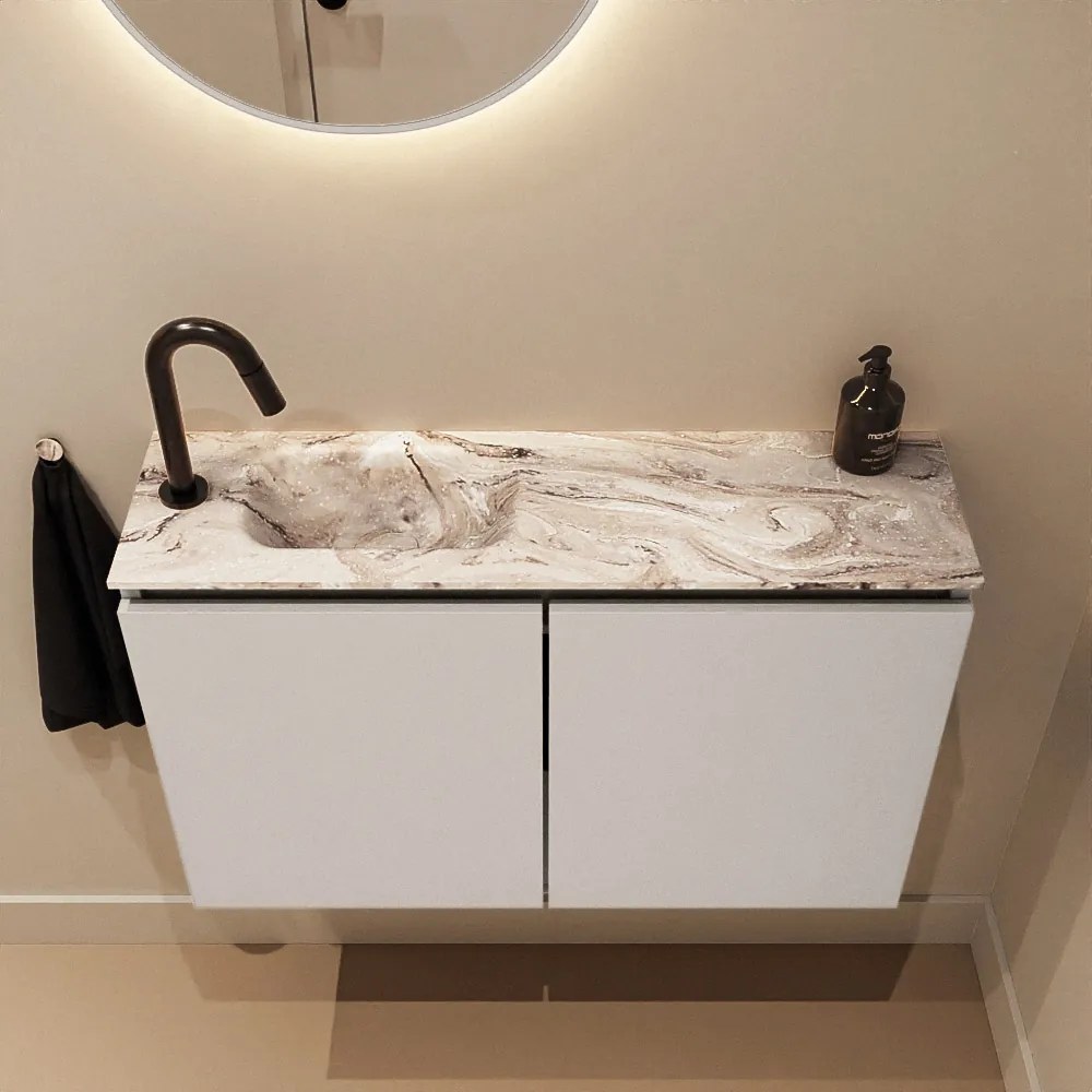 Mondiaz Ture DLux toiletmeubel 80cm linen met wastafel glace links met kraangat