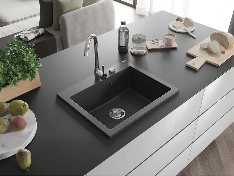 Mexen Elix granieten keukenwastafel 1-komorowy 600 x 500 mm, zwart gespikkeld, chromen sifon - 6525601005-76