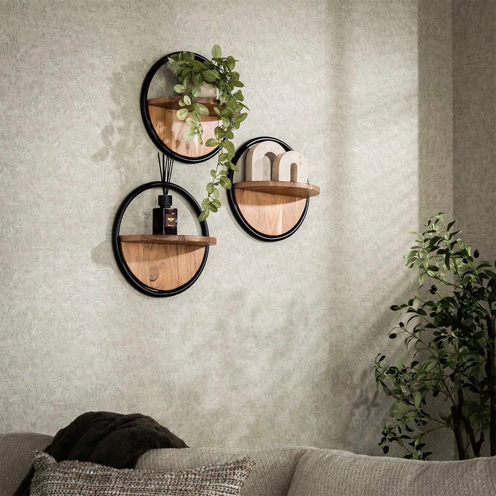 Ronde Wandplankjes Hout Set Van 3 - 35x17x35cm.