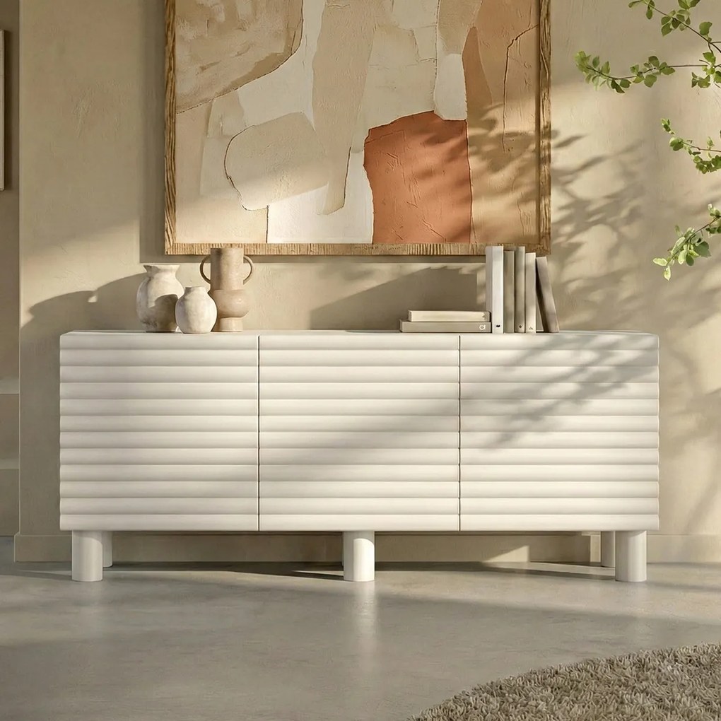 Dressoir Met Grote Ribbels Wit 180 Cm - 180x40x75cm.