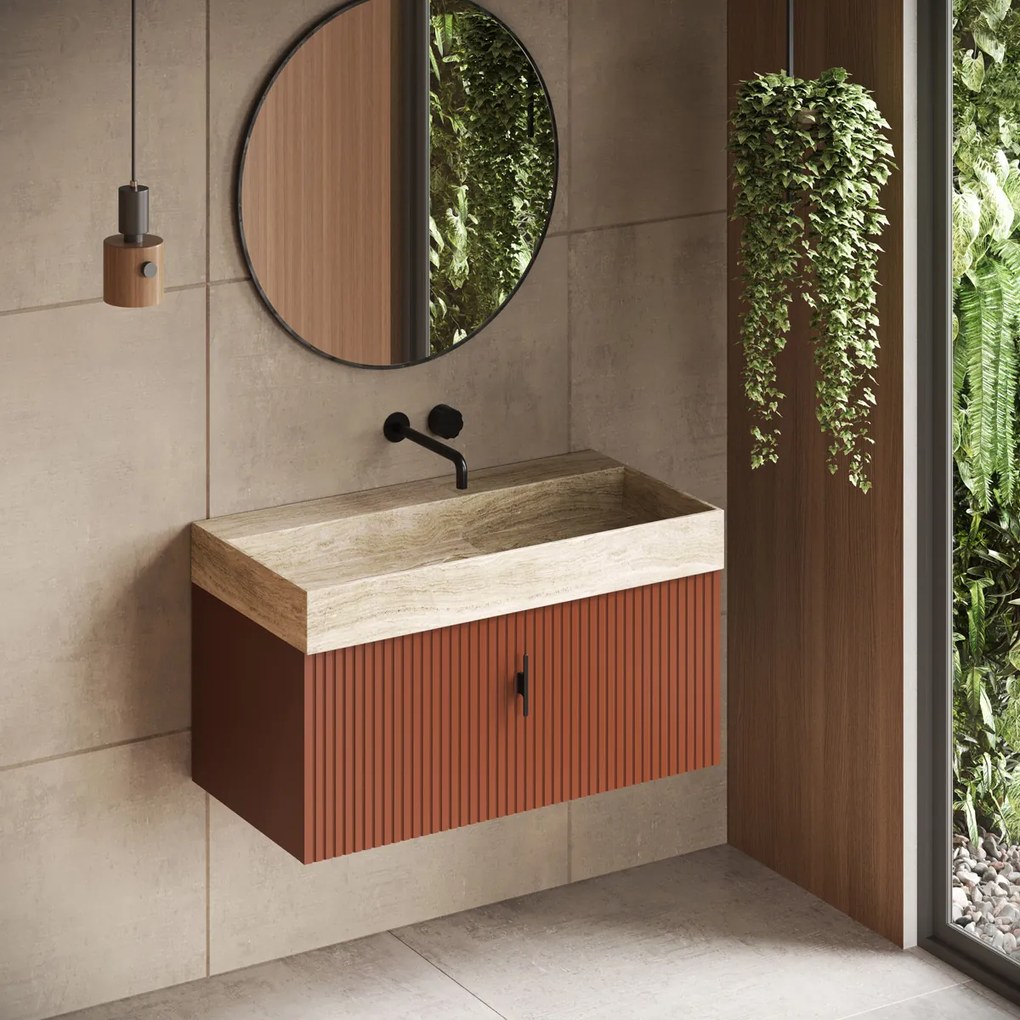 Muebles Zahora badmeubel ribbelfront 100cm terracotta met White Travertin wastafel zonder kraangat
