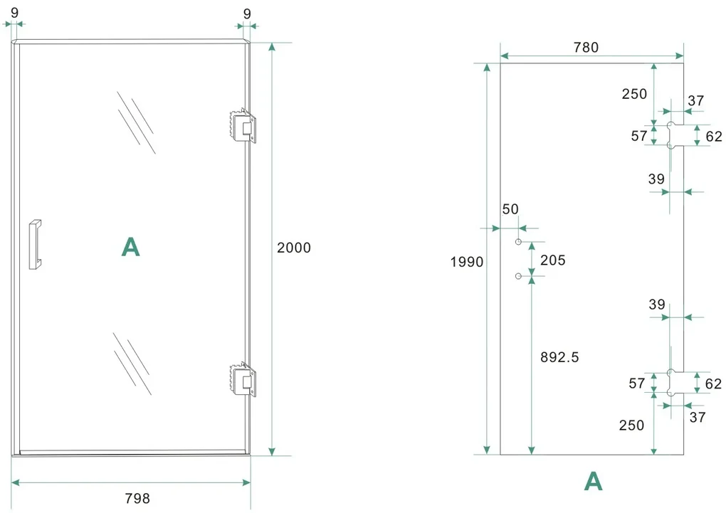 Mueller Gold profielloze nisdeur rechts 80cm met spiegelrook naar helder glas messing geborsteld
