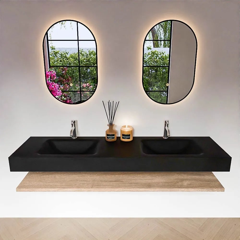 Zaro Alan badmeubel 170cm met planchet washed oak en vrijhangende wastafel cloud dubbel 2 kraangaten urban