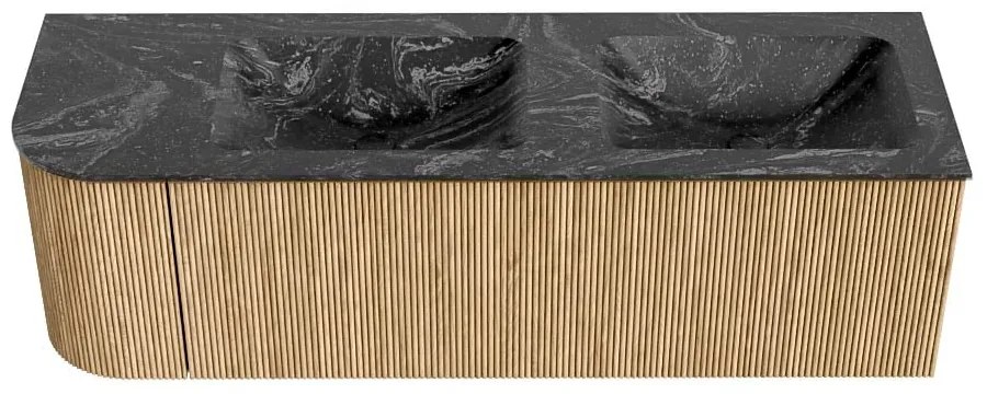 Mondiaz Kurve-dlux 145cm badmeubel ronding links oak met 1 lade en deur en wastafel leaf dubbel/rechts 2 kraangaten lava
