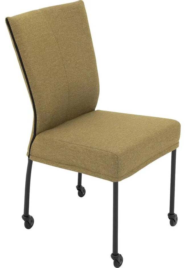 Goossens Eetkamerstoel Funk Zwarte Poten groen stof leuning en Zwart skater wiel met zwarte kapmet wielen, modern design