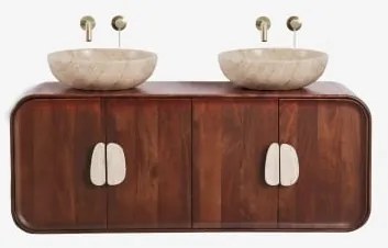 Dubbel Zwevend Badkamermeubelset 130x45 Cm Van Mangohout En Natuurlijke Kivalina-steen Spiegelloze & 2 X Orveta Geborsteld Gouden Inbouwafvoerklep Zon
