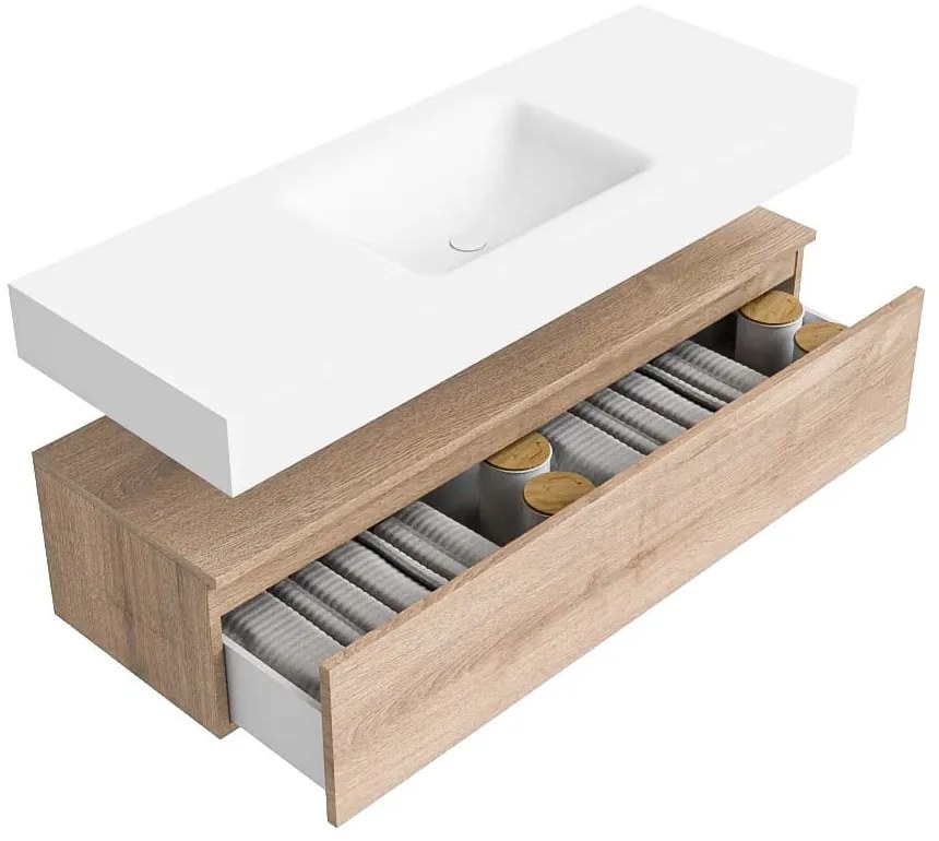 Zaro Alan badmeubel 130cm washed oak 1 lade met vrijhangende wastafel cloud midden 1 kraangat talc