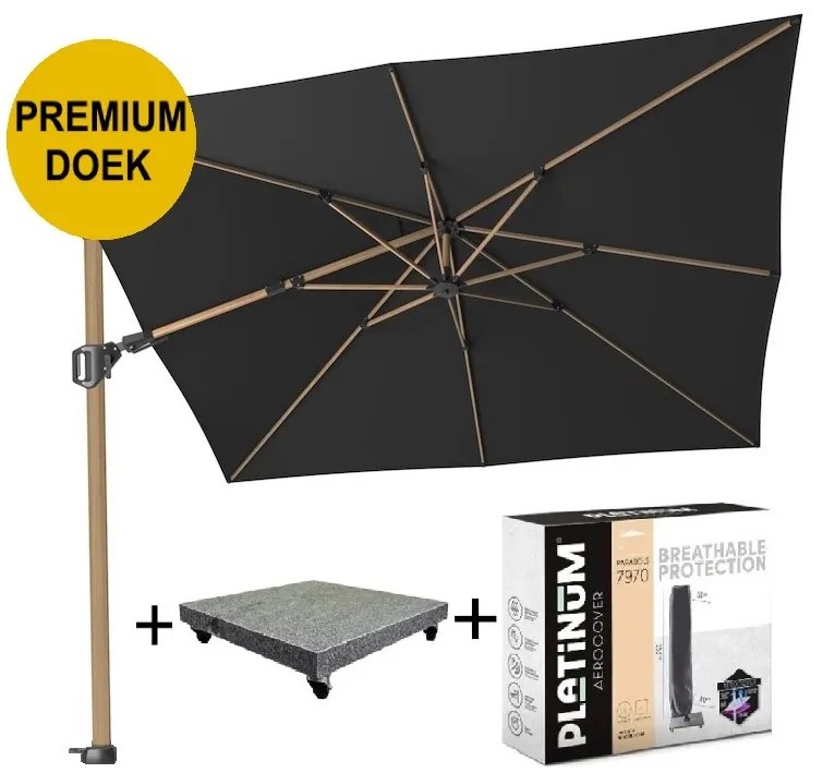 Challenger T2 premium zweefparasol 300x300 cm teak mast faded black  met parasolvoet 90kg en hoes