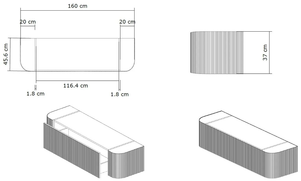 Gliss Design Alluro badmeubel ribbelfront met ronding links/rechts 160cm ebony en zwart leisteen toppaneel