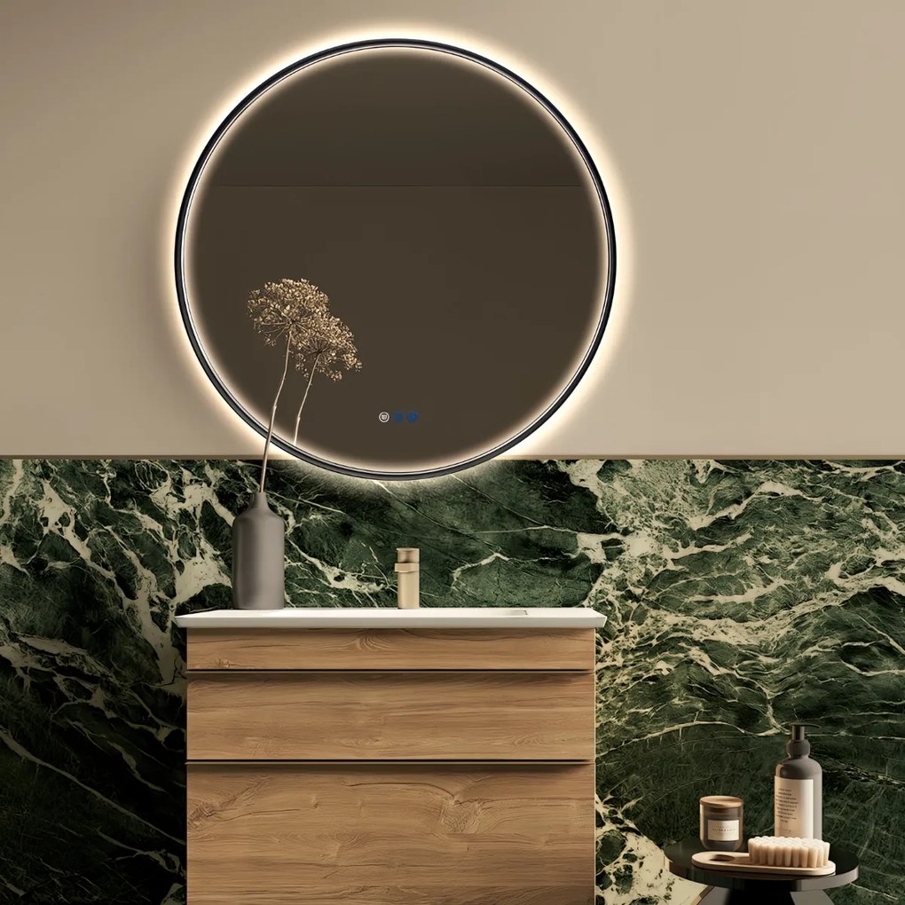 Saniclear Circle Black ronde spiegel met verwarming, direct en indirect licht mat zwart 70cm