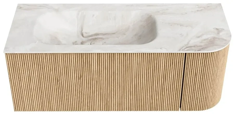 Mondiaz Kurve-dlux 115cm badmeubel ronding rechts oak met 1 lade en deur en wastafel big small kraangat links frappe