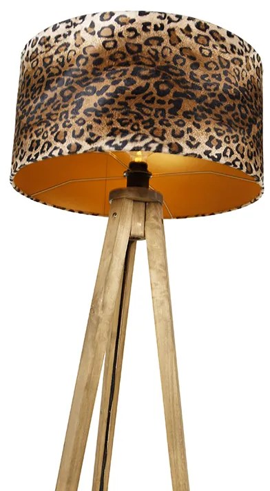 Landelijke tripod vintage hout met kap luipaard 50 cm - Tripod Classic Klassiek / Antiek E27 rond Binnenverlichting Lamp