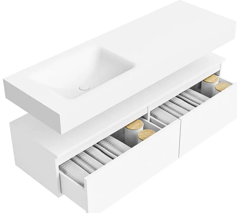 Zaro Alan badmeubel 140cm talc 2 lades met vrijhangende wastafel cloud links 1 kraangat talc