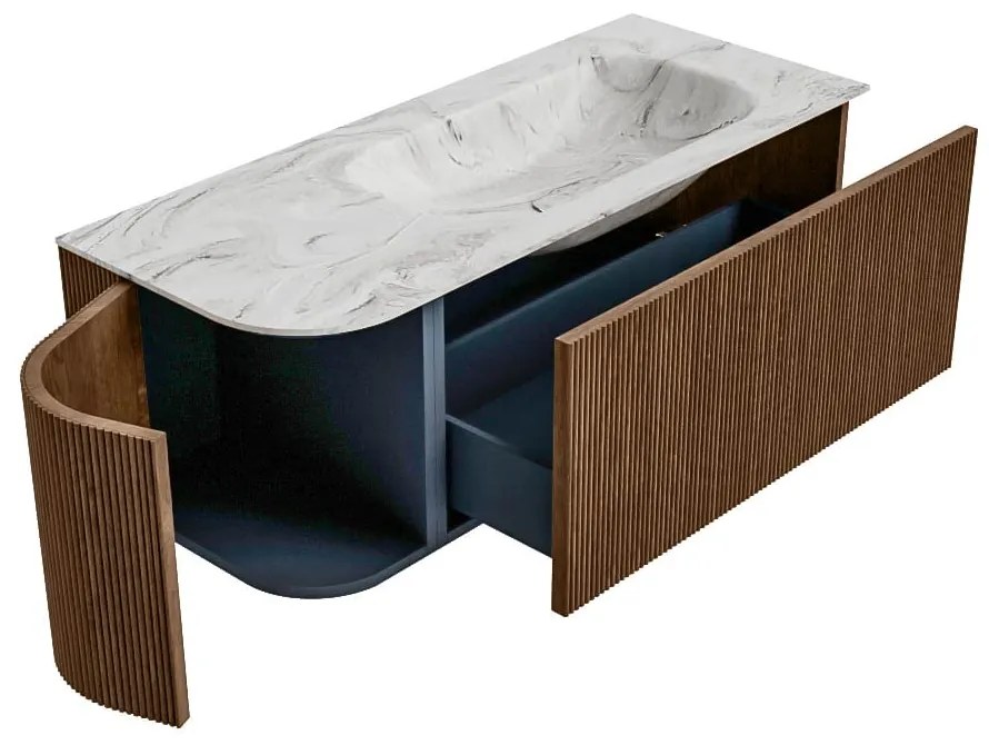 Mondiaz Kurve-dlux 115cm badmeubel ronding links walnut met 1 lade en deur en wastafel big small rechts zonder kraangat glace