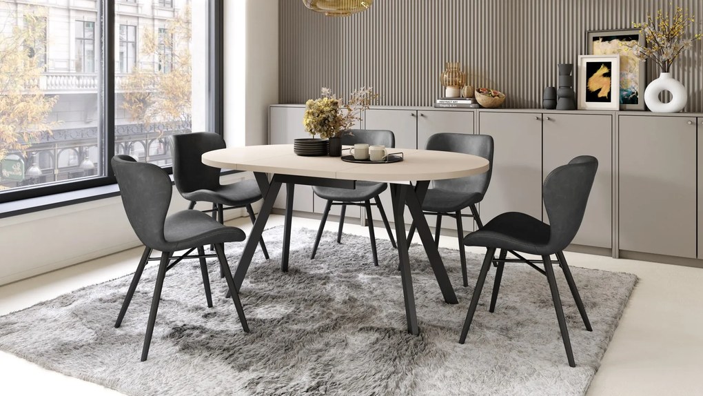 ALMO Beige/Zwarte poten - RONDE LOFT/INDUSTRIËLE TAFEL VOOR WOONKAMER/EETKAMER, UITSCHUIFBAAR