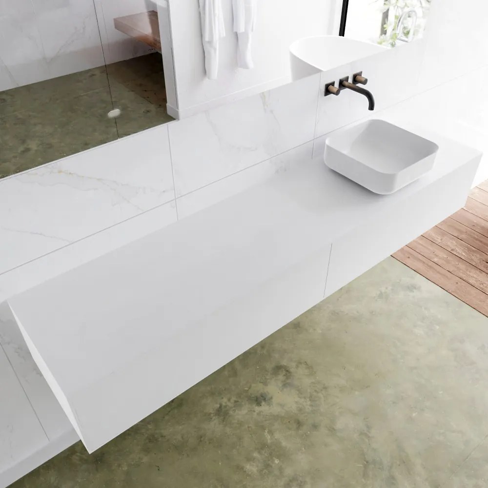 Zaro Lagom volledig naadloos solid surface onderkast met topblad 200cm mat wit met 2 lades Push tot open. Compleet met solid surface opzetkom met 0 kraangat(en)