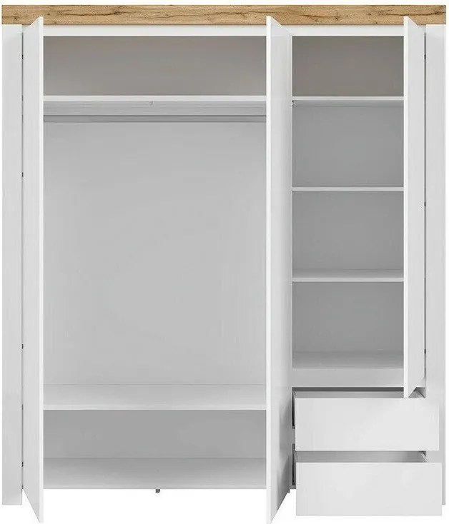 Kledingkast Sonsoru 120, Wit, Glanzend wit, Wotan eik, 204x181x57cm, 139 kg, Kledingkast deuren: Met scharnieren, Aantal planken: 5, Aantal planken: 5