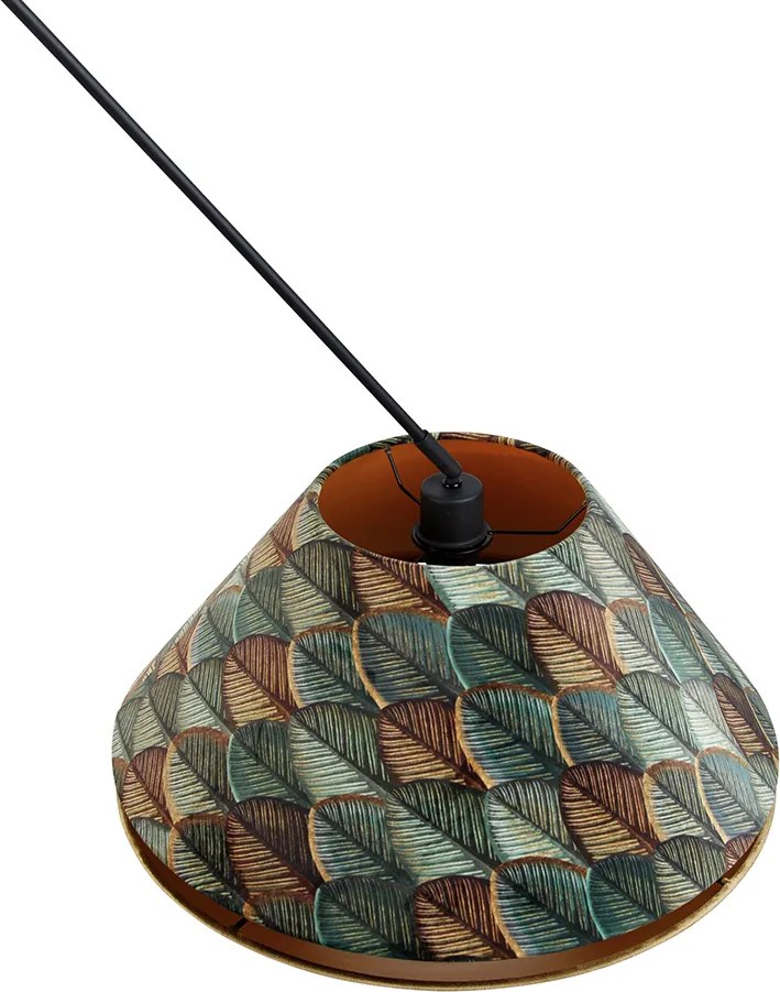 Hanglamp zwart met dubbele velours lampenkap blad dessin en beige - Blitz