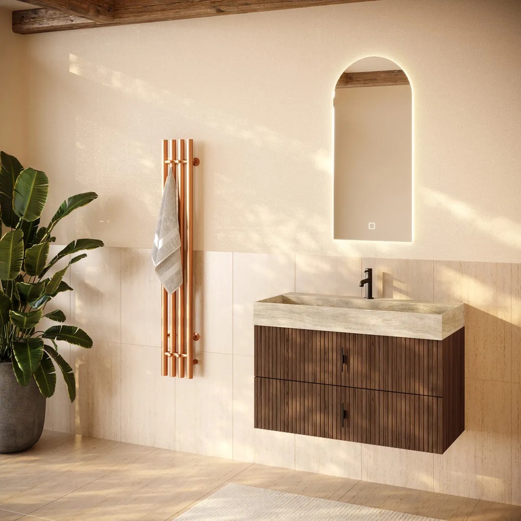 Muebles Murcia badmeubel ribbelfront 100cm walnoot met White Travertin wastafel met kraangat