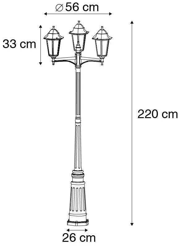 Buitenlantaarn zwart 220 cm 3-lichts IP44 - Havana Klassiek / Antiek E27 IP44 Buitenverlichting