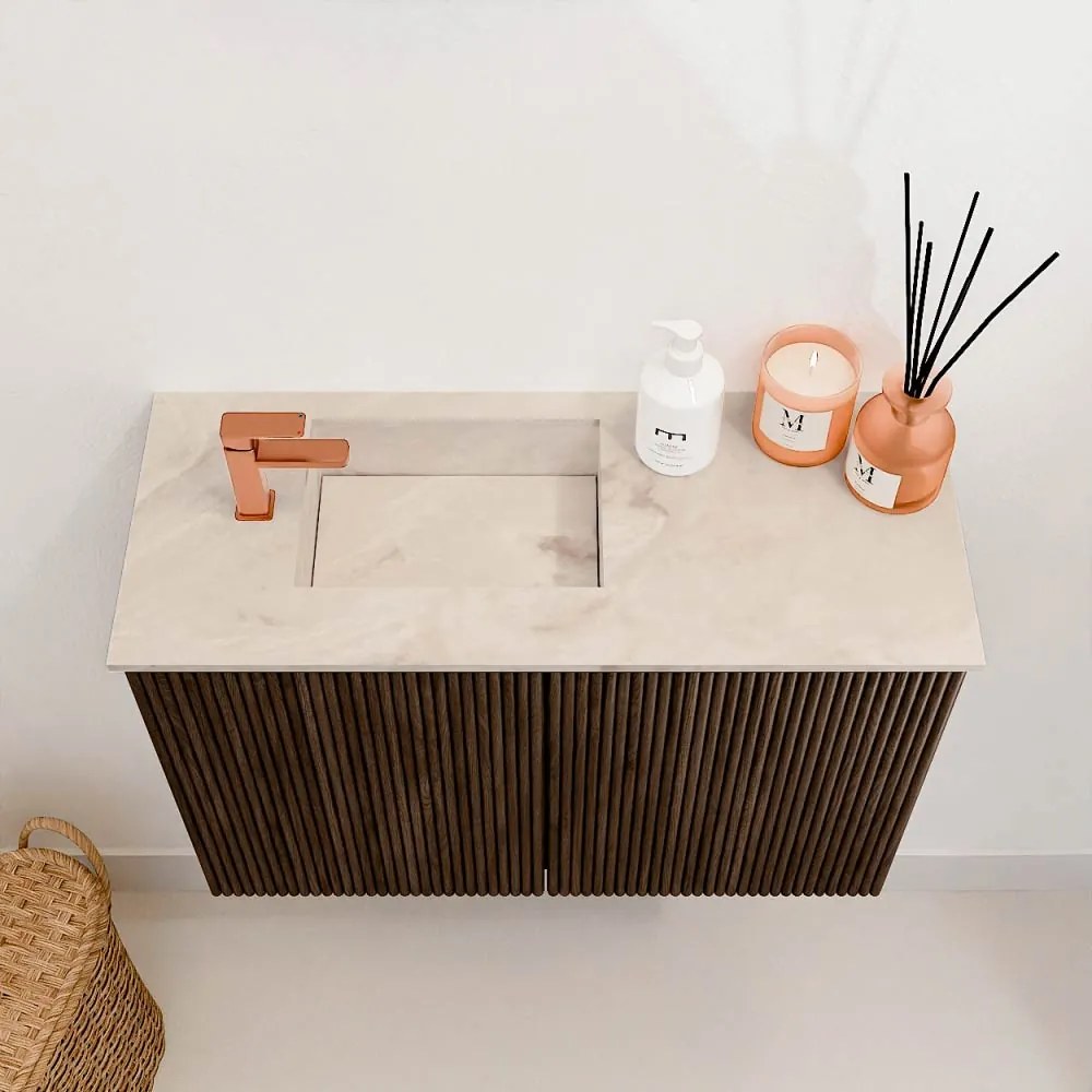 Mondiaz Joya DLux 60cm toiletmeubel walnut met wastafel faye links 1 kraangat frappe