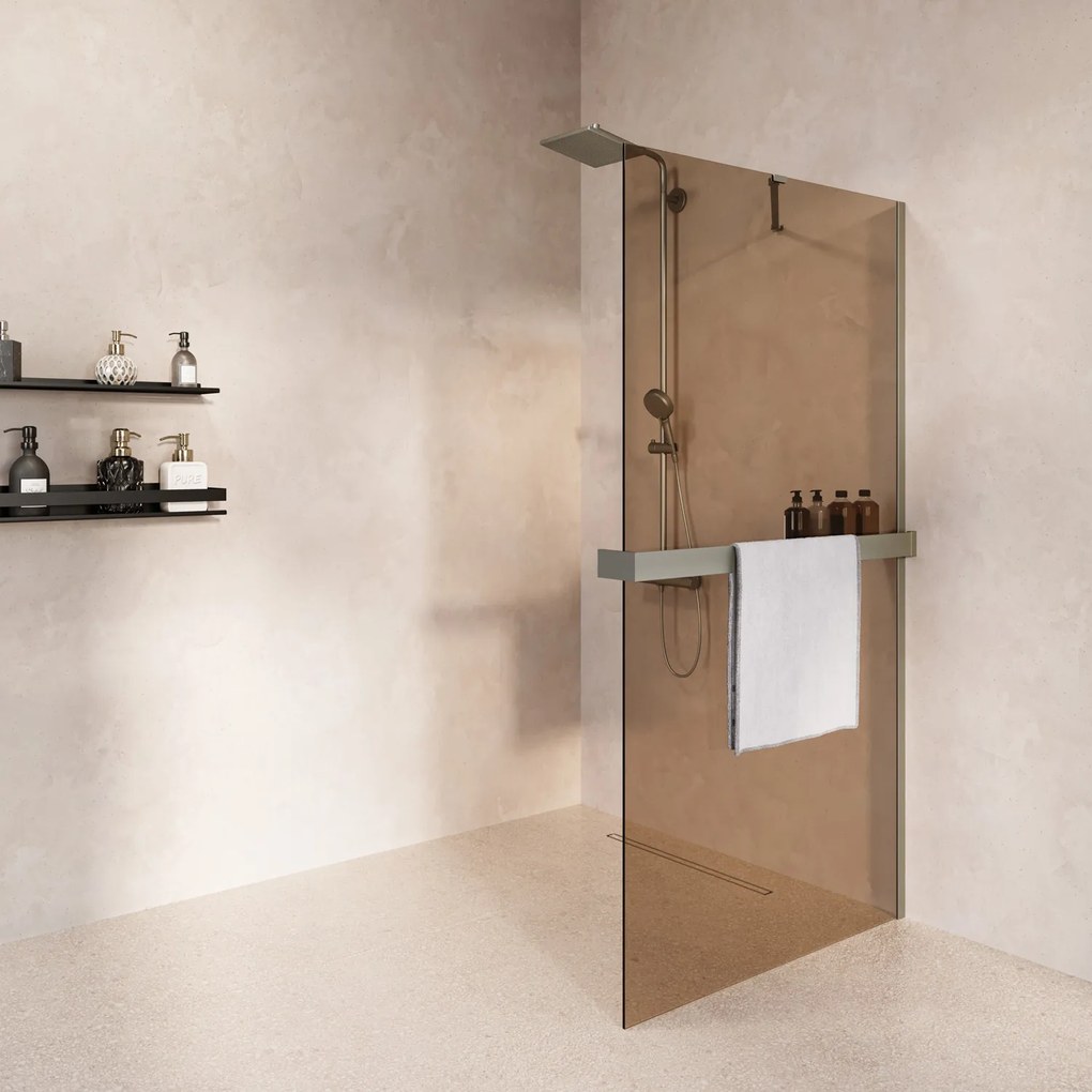 Saniclear Oblique inloopdouche 120cm met handdoekhouder en bronsglas RVS