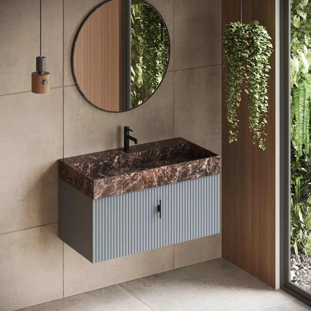 Muebles Zahora badmeubel ribbelfront 100cm baby blauw met Dark Emperador wastafel met kraangat
