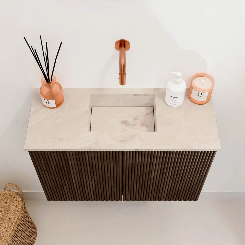 Mondiaz Joya DLux 60cm toiletmeubel walnut met wastafel faye midden zonder kraangat frappe
