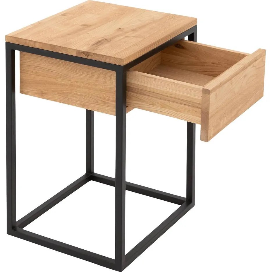 Goossens Nachtkastje Ord, Metaal ral 9005 zwart, met lade en bovenblad massief eik, 40 x 35 x 57 cm hoog